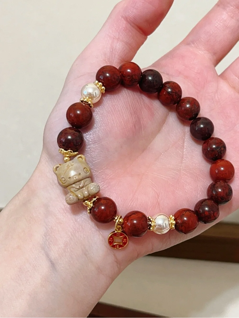 Natural Red Jasper Handmade Bracelet with Cute Alashan Agate Charm option 10mm